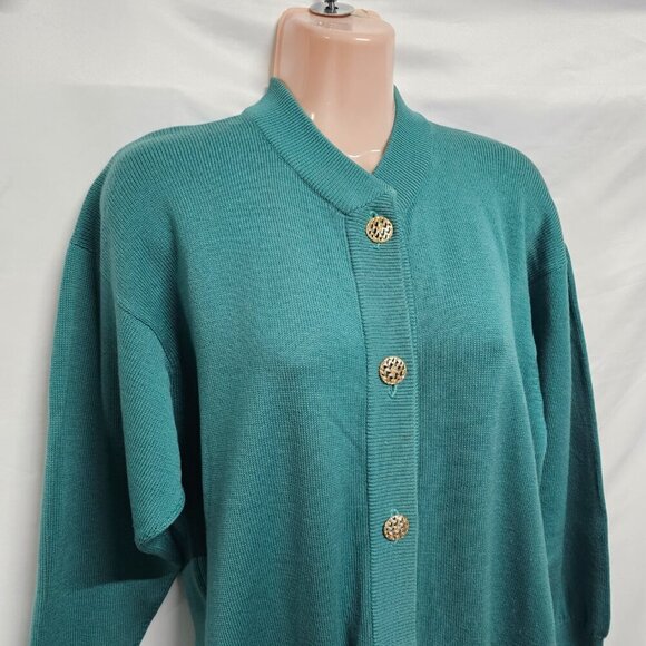 l. Magnin by Ballantyne Button Up Cardigan Sweater Women Size M Green Pure Wool - Picture 2 of 14